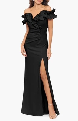 Vestido XSCAPE Off The Shoulder com babado lateral na coxa fenda preto meia-noite 14W NOVO - Imagem 1 de 4