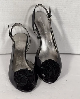 Bandolino Womens Black Leather Peep Toe Slingback Cone Heels 6M Flower Accent - Image 1 of 4