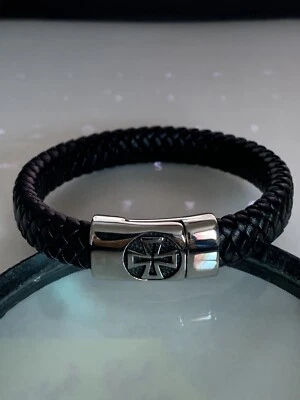 Brazalete de cuero trenzado para hombre/mujer brazalete cruz titanio acero cierre magnético Foto 1 de 4