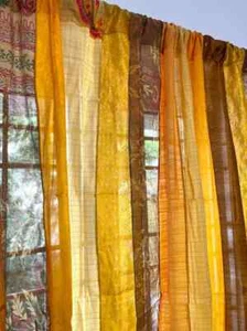 2Pcs Indian Vintage Sari Patchwork Curtain Drape Window Decor Silk Sari Curtains - Picture 1 of 5