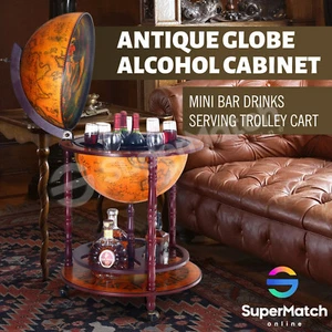 Antique Globe Bar Cabinet Cart Alcohol Drink Wine Serving Trolley Storage Stand - Picture 1 of 8
