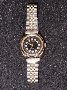 Vintage Geneve Ladies 25mm Watch Genuine Diamond Black Dial Silver & Gold Tone - Picture 1 of 4