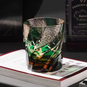 Hand Craved Green Flame Edo Kiriko Whisky Glass, Vintage Crystal Drinking Glass - Picture 1 of 8
