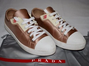 Womens Prada Brown Satin Sneakers Tennis Shoes Size 38 / US 8 In Box & Bag ~ HS5 - Picture 1 of 15