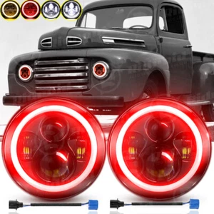 For Ford F1 1948-1952 Round 7" Inch LED Headlights Halo Angel Eyes Red DRL Light - Picture 1 of 23