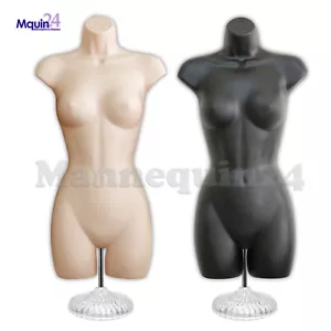 Confezione 2 Manichini Corpo Torso Donna Forma Abito Carne e Nero Set 2 Supporti 2 Ganci - Foto 1 di 7