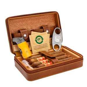 Galiner Travel Humidor Cigar Case Box Cigar Lighter Cutter Set Humidipak Control - Bild 1 von 12