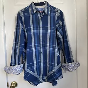 ROBERT GRAHAM Azul Cuadros Manga Larga Con Botones Talla M Puño Abatible Bordado Para Hombre - Imagen 1 de 10
