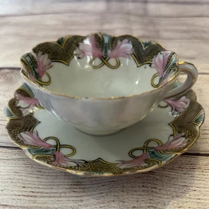 Vintage Nippon M Porcelain Tea Cup Saucer Moriage Pink Flowers Gold Trim - Picture 1 of 11