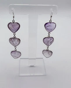 Brazilian Natural 30CT Amethyst Heart Shaped Dangling Earrings - Picture 1 of 2