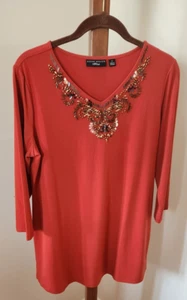 Susan Graver Knit Shirt Top Tunic Orange 3/4 Sleeve Sz. S Embellished - Picture 1 of 6