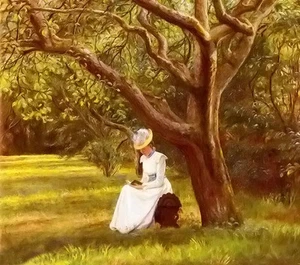 Oil painting Micholine Anemine Christine Poulsen - Lady reading in the park art - Picture 1 of 1
