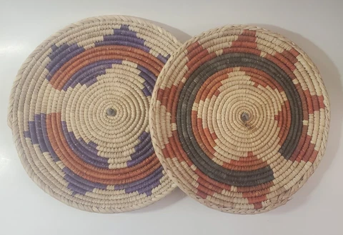 Hand Woven Boho Red Grey Purple Coiled Bowl Basket Southwestern Pattern Set of 2 Cover