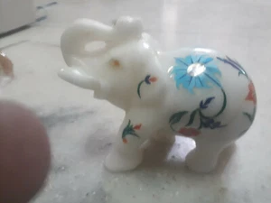 6" White Marble wild Elephant Malachite Inlay Stone home Decor room o12 - Picture 1 of 5
