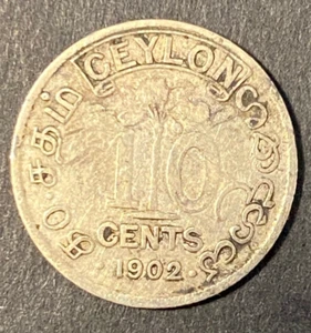 Rare Ceylon 10 cents 1902 SILVER EDWARD VII KING & EMPEROR - Picture 1 of 2