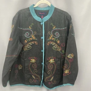 Denim & Co. Women's Size 1X Jean Jacket Coat Denim Floral Embroidery Gray Teal - Picture 1 of 8