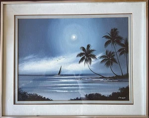 Vintage Moonlight Tropical Beach Painting by CHARIE  - Picture 1 of 2