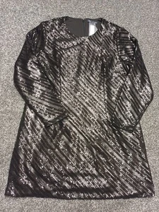 Marks Spencer Sequin Shift Dress Women UK 24 Black Long Sleeve Round Neck Midi - Picture 1 of 14
