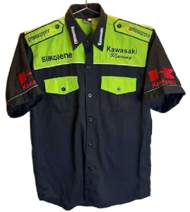 Kawasaki Mechanics Racing Shirt Men's M Black Green Short Sleeve Button Down - Picture 1 of 4