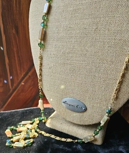 Vtg Napier Gold Plated 60" Faceted AB Green Glass Bead Mop Abalone Necklace - Picture 1 of 24