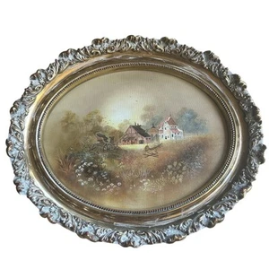 Vintage Farm House Oil painting Original floral ornate oval gold frame 16.5x13.5 - Picture 1 of 11
