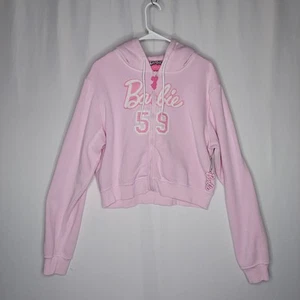 Barbie Forever 21 Hoodie Sweatshirt 2X Jrs Pastel Pink Fleece Crop Zipper 3D - Picture 1 of 10
