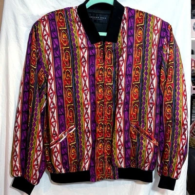 Chaqueta de bombardero de seda vintage August Silk Diane Gilman talla pequeña colorida azteca Foto 1 de 4