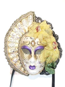 PURPLE YELLOW FLOWER FAN VENETIAN MASQUERADE MARDI GRAS MASK CARNIVAL WALL MASK - Picture 1 of 3