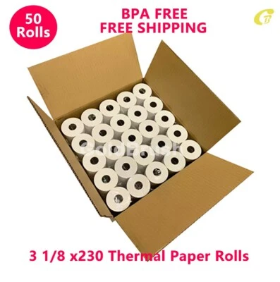 GOLDBRUSH 3-1/8" X 230' THERMAL PAPER RECEIPT ROLLS WHITE 50 ROLLS POS CASH REGISTER TAPE