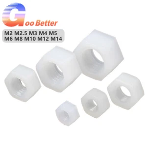 White Nylon Plastic Hex Nuts Full Hexagon Nut M2 M2.5 M3 M4 M5 M6 M8 M10 M12 M14 - Picture 1 of 8
