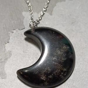 Obsidian Crystal Moon Necklace, Stainless Steel Chain, Leather Cord, Celestial - Picture 1 of 10