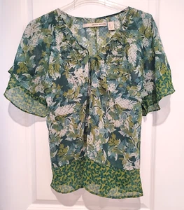 DKNY JEANS Top Womens L Green Floral Sheer Lined Blouse - Picture 1 of 7