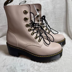Dr. Martens Leona Combat Boots Womens Size 7 US Taupe Leather Platform Lace Up - Picture 1 of 12