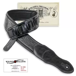 Walker & Williams G-118 Black on Black Padded Guitar Strap with Embossed Tooling - Picture 1 of 7