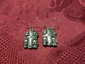 Pierced Silvertone Skulls Cross Earring Pair Wires  - Picture 1 of 1