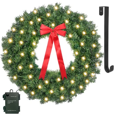 24-дюймовый предварительно освещенный рождественский венок водонепроницаемый на батарейках с 50 светодиодами и таймером - Изображение 1 из 4