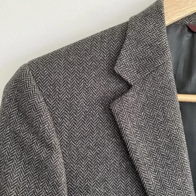 复古 Brooks Brothers Lambswool Herringbone 粗花呢西装外套女式 14 黑色灰色 — 第 1/4 张图片