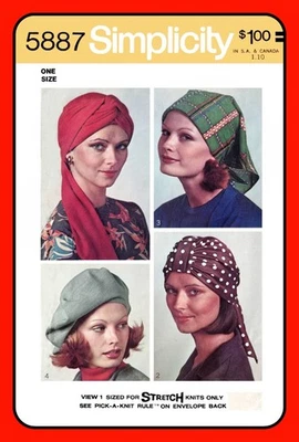 Misses TURBAN Pattern SCARF HAT Beret 4 Styles Simplicity 5887 One Size Vtg '73 - Image 1 of 4