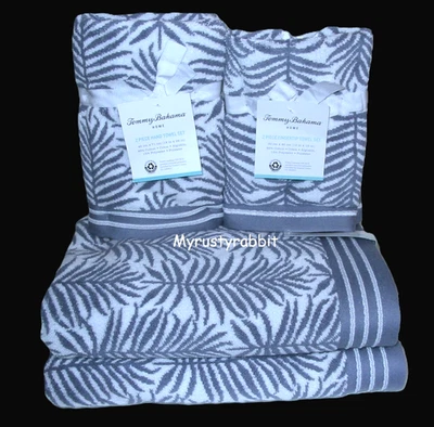 Tommy Bahama Linear Palms Blue Bathroom Towel Set ~ 2Bath 2Hand 2Fingertip 6 Pc - Image 1 of 4