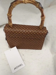 MONKL Brown Hessian look Bamboo Look handle Bag 6.5" w X 4" W #H04 - Picture 1 of 6