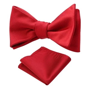 Twill Red Solid Mens Self Tie Woven Bow Tie Bow Ties for Men Bowties and Pock... - Picture 1 of 4