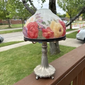 Vintage Large Puffy Glass Rose Flowered Reverse Hand Painted 13.5" Lamp - Picture 1 of 18