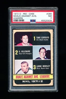 1972 OPC HOCKEY 286 TRIPLE GOALIE T ESPOSITO, VILLEMURE, WORSLEY PSA 7 NEAR MINT - Image 1 of 4
