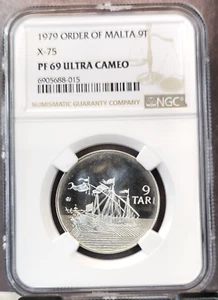 1979 ORDER OF MALTA SILVER 9 TARI X-75 SHIP NGC PF 69 ULTRA CAMEO TOP POP 1 - Picture 1 of 3