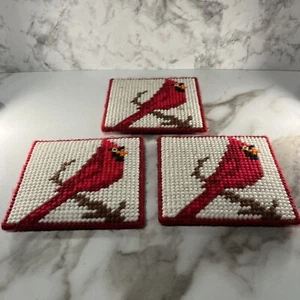 VTG Handmade Needlepoint Yarn Plastic Canvas Cardinal Coasters Set Of 3 Red Trim - Picture 1 of 4