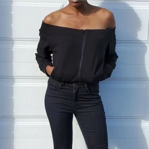 New York & Company Sweatshirt XLarge Off Shoulder Zip-Up Athleisure Streetwear - Picture 1 of 8