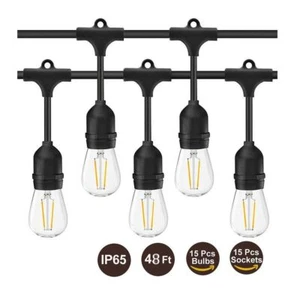 LED S14 String Lights 49Ft 15Pcs 2W LED Edison Filament Bulbs E27 Sockets Lights - Picture 1 of 22