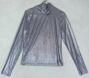 Kate Spade New York Silver Metallic Stretch Shirt Poly Blend Medium Turtleneck - Picture 1 of 9