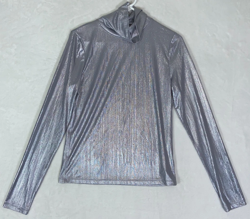 Camisa Kate Spade New York Plateada Metálica Elastizada Mezcla de Poli Cuello Alto Medio Foto 1 de 4