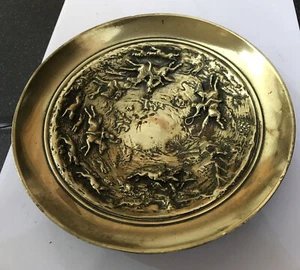 Vintage Signed DACLET Brass Bronze 17cm Hunting Scene Horses Hounds Plate Dish - Picture 1 of 12